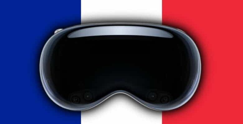 Do iPhoneIslam.com, o fone de ouvido de realidade virtual Vision Pro sobreposto à bandeira francesa.