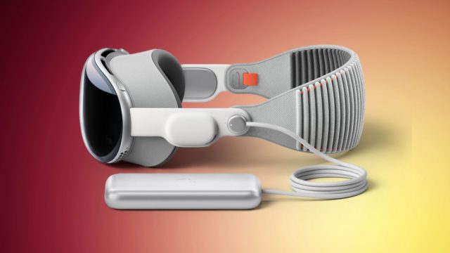 Từ iPhoneIslam.com, tai nghe VR thời thượng có dây đeo có thể điều chỉnh và hộp sạc di động trên nền hai màu.