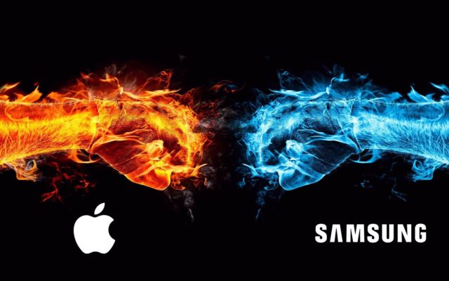 С сайта iPhoneIslam.com Два кулака: один огненный, символизирующий Apple, а другой ледяной, символизирующий Samsung, символизируют конкурентную борьбу, в которой Samsung побеждает Apple.