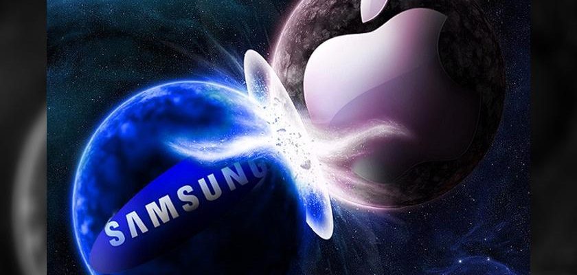 Cyfrowa grafika pochodząca z iPhoneIslam.com przedstawia logo Apple zderzające się z kulą ziemską marki Samsung, tworząc żywą eksplozję energii na kosmicznym tle.