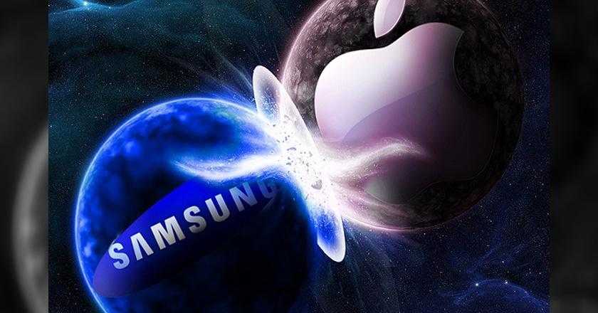 من iPhoneIslam.com، عمل فني رقمي يصور شعار Apple وهو يصطدم بالكرة الأرضية التي تحمل علامة سامسونج التجارية، مما يخلق انفجارًا حيويًا للطاقة على خلفية كونية.