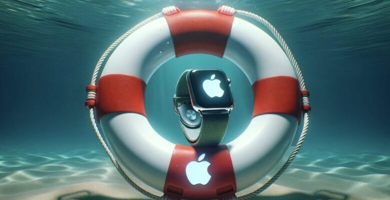 من iPhoneIslam.com، ساعة أبل معروضة داخل عوامة نجاة عائمة تحت الماء، مع تسليط الضوء على ميزاتها المقاومة للماء وإمكاناتها في اكتشاف الغرق مع شعارات التفاح المضيئة.