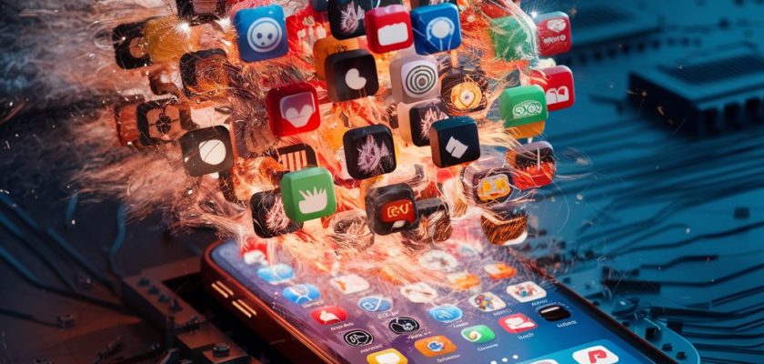 Sur iPhoneIslam.com, un smartphone rempli d'icônes d'applications vibrantes sur fond de circuit imprimé, symbolisant la surcharge numérique ou le piratage de données avec des applications utiles.