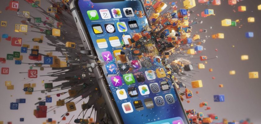 Von iPhoneIslam.com, einem Smartphone mit einem Bildschirm, auf dem bunte App-Symbole und Trümmer explodieren und eine Welle digitaler Informationen und nützlicher Apps symbolisieren.