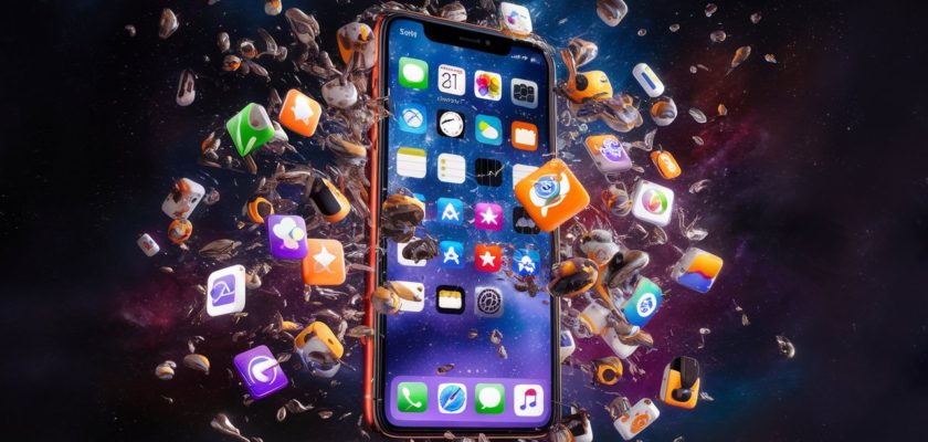 iPhoneIslam.com سے، ایک سمارٹ فون جس کی اسکرین کئی کارآمد ایپس (مفید ایپس) کو دکھاتی ہے، جس کے ارد گرد کائناتی پس منظر پر مزید ایپ آئیکنز کے گھیرے ہوئے ہیں۔