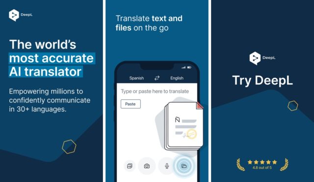 From iPhoneIslam.com, a promotional graphic for Deepl, showing it as the world's most accurate translator featuring the iPhone Islam interface and claiming to empower millions in over 30 languages.