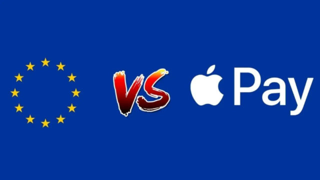 Dari iPhoneIslam.com, bendera Uni Eropa di sebelah kiri dan logo tap-to-pay di sebelah kanan, dipisahkan dengan tanda "vs" dalam teks menyala, dengan latar belakang biru.