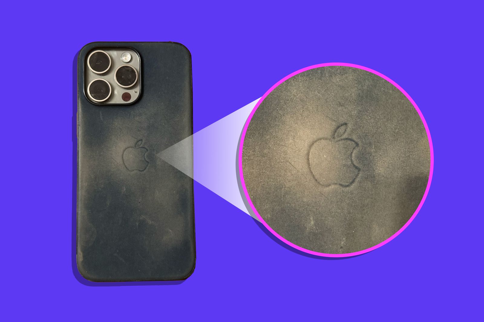 من iPhoneIslam.com، هاتف ذكي مزود بكاميرا ثلاثية، يُظهر عرضًا مكبرًا لشعار التفاحة المغبر على خلفية أرجوانية، تم تسليط الضوء عليه في أخبار الأسبوع من 12 إلى 18 أبريل.