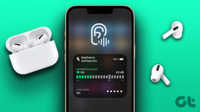 From iPhoneIslam.com, iPhone showing battery level and settings for AirPods Pro on a turquoise background, with the earbuds placed next to them.