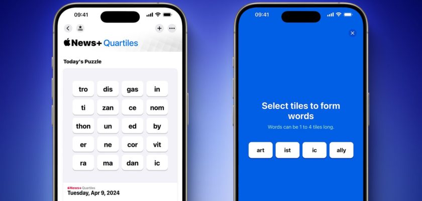 No iPhoneIslam.com, dois iPhones exibem um jogo de palavras com opções de blocos selecionáveis ​​nas telas.