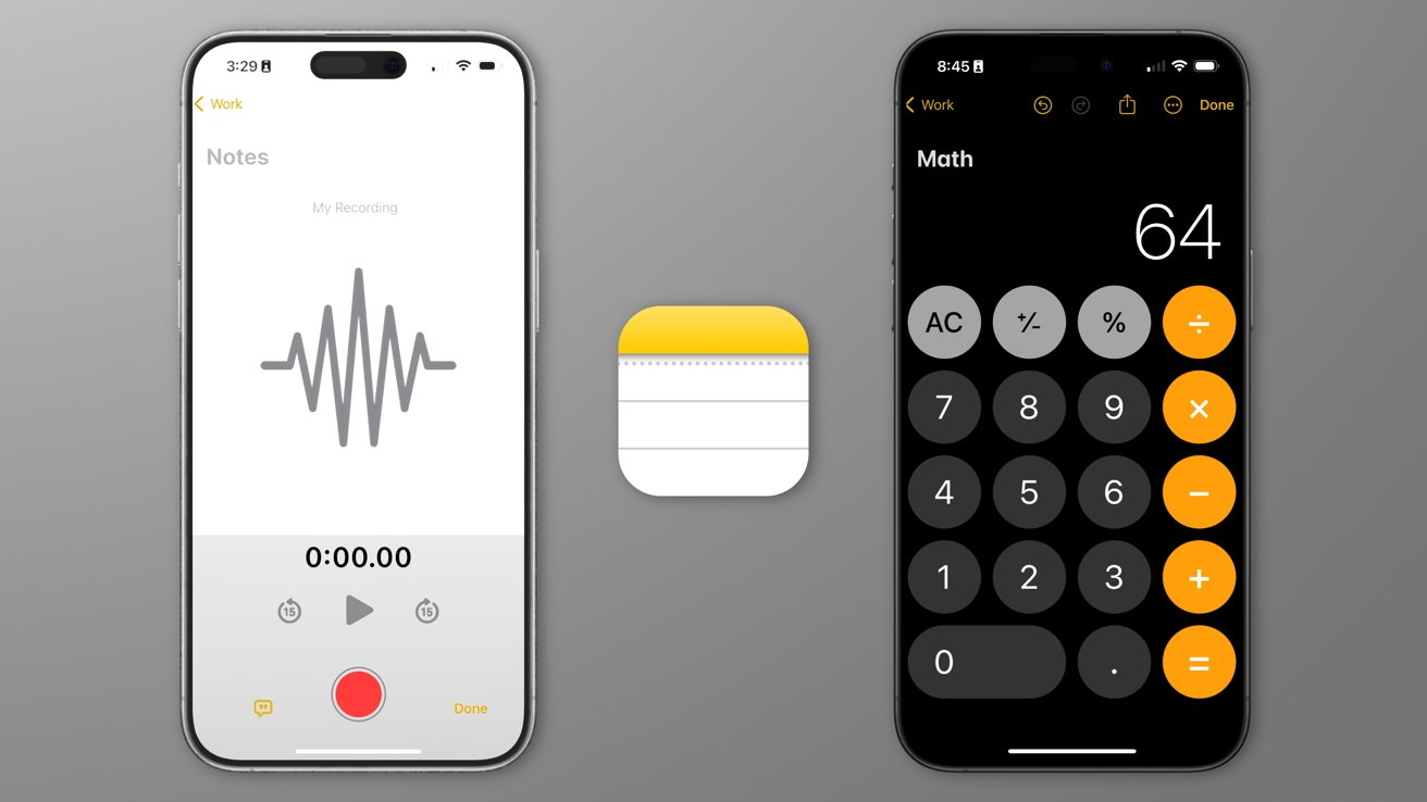 iPhoneIslam.com'dan uygulamaları gösteren iki akıllı telefon; Solda bir ses kayıt uygulaması, sağda ise Nisan ayında karanlık bir temaya ayarlanmış bir hesap makinesi uygulaması gösteriliyor.