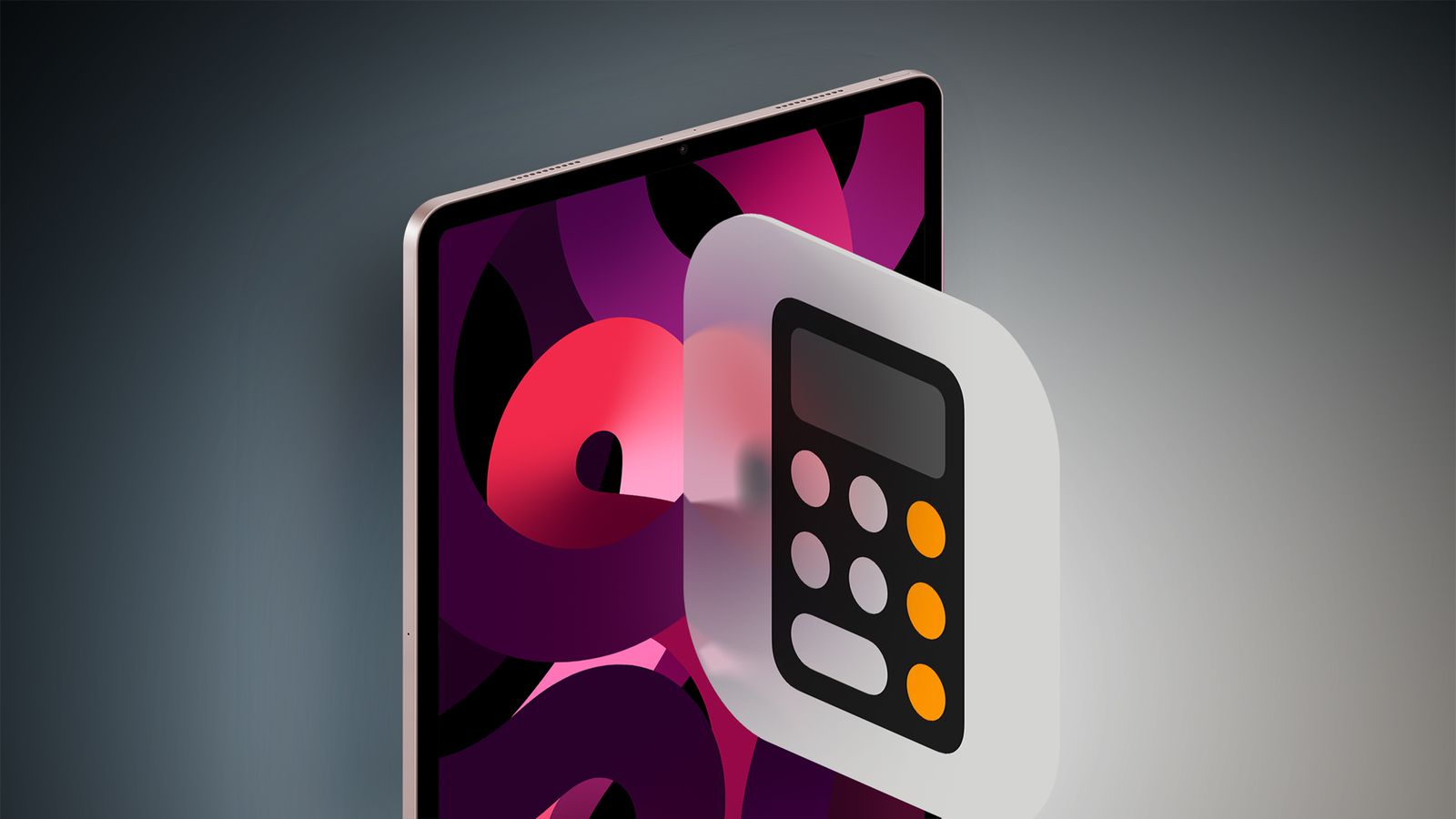 من iPhoneIslam.com، جهاز لوحي رقمي يعرض رسومات مجردة ملونة خلف أيقونة آلة حاسبة شبه شفافة على خلفية رمادية متدرجة في أبريل.