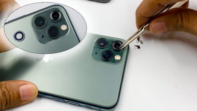 Desde iPhoneIslam.com, una persona usa pinzas para fijar las lentes de la cámara en un teléfono inteligente verde equipado con M4, con una vista ampliada insertada que muestra una mirada más cercana a las lentes.