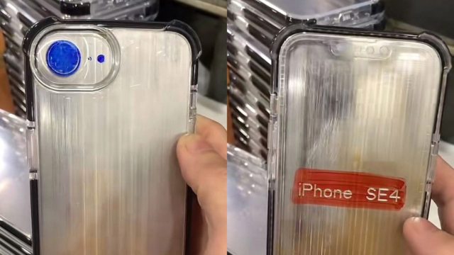 来自 iPhoneIslam.com 的智能手机，采用透明外壳，标有“iphone se4”，并贴有类似于双摄像头设置的相机贴纸。