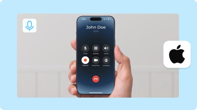 من iPhoneIslam.com، يقوم الشخص بالضغط على آي فون يعرض شاشة تسجيل المكالمات بإرسالها باسم