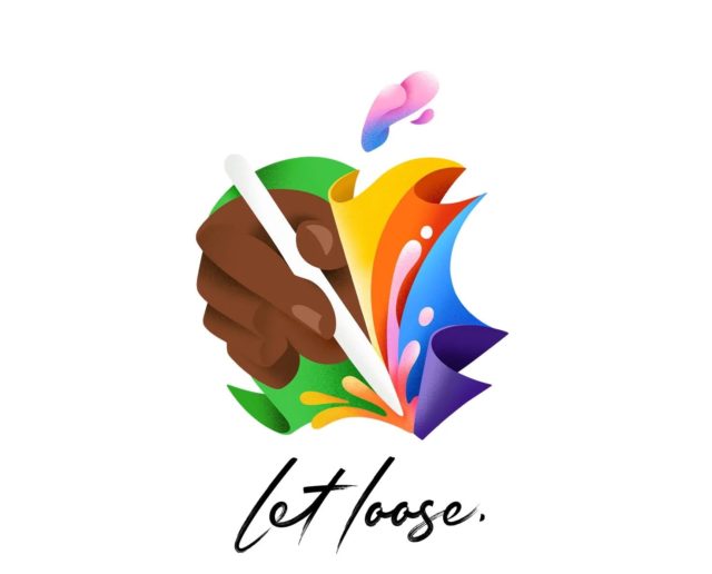 از iPhoneIslam.com، تصویری از دستی که یک iPad را در دست دارد که رنگ‌های رنگارنگ انتزاعی و عبارت «Let Loose» را منتشر می‌کند.