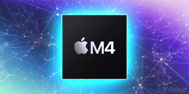 من iPhoneIslam.com، صورة رقمية تحتوي على شعار Apple مع تسمية "معالجات M4" على خلفية مربعة سوداء، مقابل تصميم شبكي تجريدي باللونين الأزرق والبنفسجي.