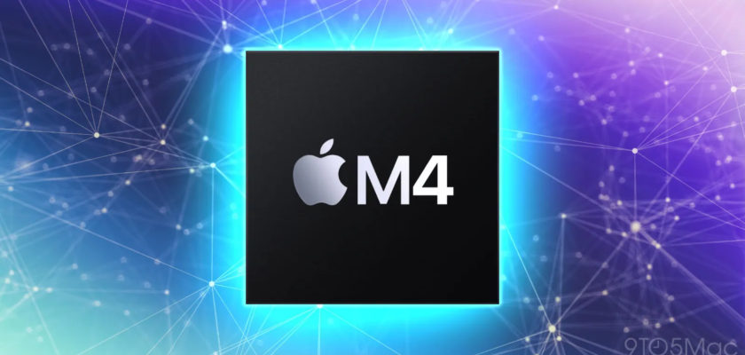 De iPhoneIslam.com, una imagen digital que contiene el logotipo de Apple con la etiqueta "Procesadores M4" sobre un fondo cuadrado negro, contra un diseño abstracto de cuadrícula azul y violeta.