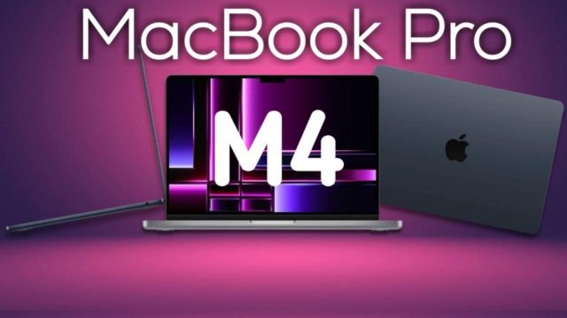 De iPhoneIslam.com, imagen promocional del MacBook Pro con el logo "M4" en la pantalla, mostrado en diferentes ángulos sobre un fondo violeta, para resaltar los procesadores M4.