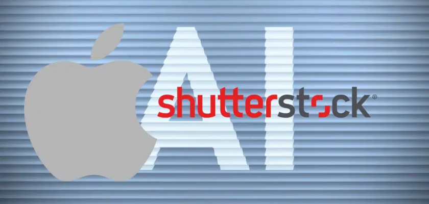 من iPhoneIslam.com، شعار مختلط يضم اتفاقية Apple وShutterstock على خلفية مصراع معدنية.