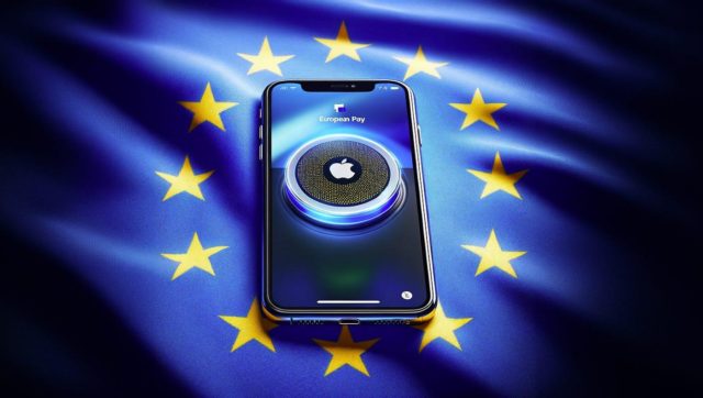 من iPhoneIslam.com، هاتف ذكي يعرض شعار تقنية الضغط للدفع على شاشته، على خلفية علم الاتحاد الأوروبي.