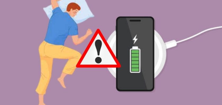 Dari iPhoneIslam.com, Ilustrasi seorang pria di tempat tidur berinteraksi dengan tanda peringatan di samping perangkat pengisi daya iPhone, dengan fokus pada praktik pengisian daya yang aman.