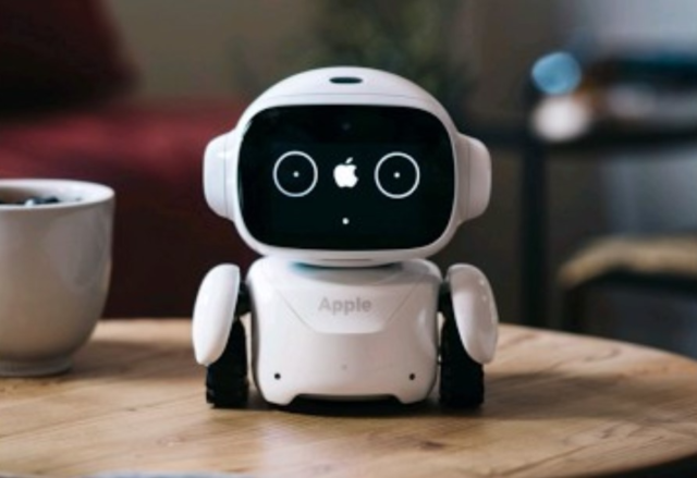 iPhoneIslam.com에서, 설명: 추상적인 디스플레이 페이스를 갖춘 작은 흰색 로봇