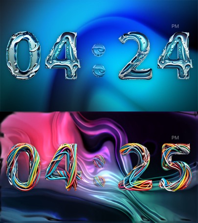 Van iPhoneIslam.com, een digitaal kunstwerk met twee gestileerde klokken die de tijden 04:24 en 04:25 weergeven met contrasterende ontwerpen van vloeibare en kleurrijke gedraaide draden, als een Eid-cadeau.
