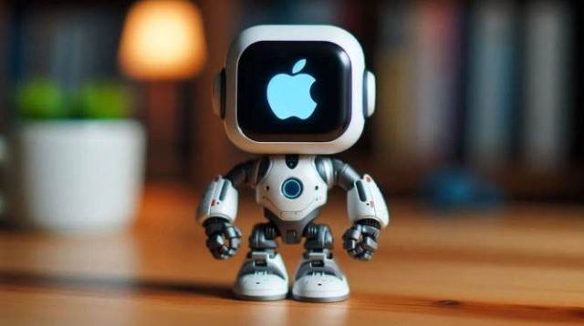 С сайта iPhoneIslam.com, Описание: Маленькие роботы с логотипом Apple на экране, стоящие на экране.
