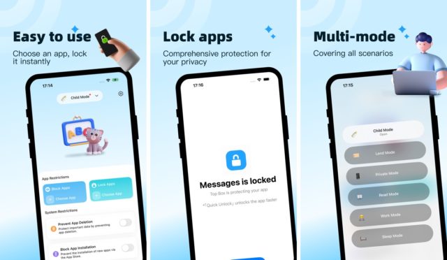iPhoneIslam.com'da, güvenlik uygulaması özelliklerini gösteren üç akıllı telefon ekranı: "Kullanımı Kolay", "Uygulamaları Kilitle" ve "Çoklu Mod", her biri Delta oyun emülatör modu da dahil olmak üzere farklı uygulama koruma seçeneklerini görüntüler.