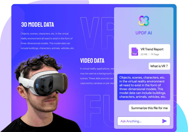 iPhoneIslam.com에서 가상 현실 헤드셋을 착용한 청년이 가상 현실과 인공 지능 기술에 대한 정보를 표시하는 다채로운 디지털 화면 앞에 서 있습니다.