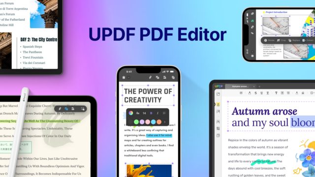 iPhoneIslam.com より。テキスト編集、創造性ツール、ドキュメント管理を紹介する複数のアプリ画面を特徴とする UPDF PDF Editor のプロモーション グラフィック。