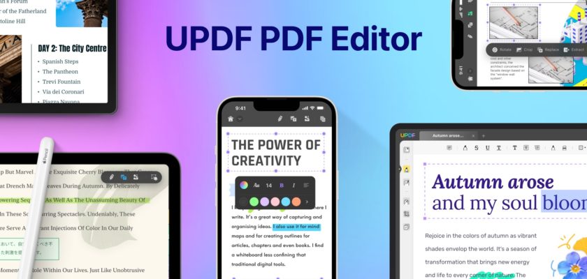 From iPhoneIslam.com, a promotional graphic for UPDF PDF Editor featuring multiple app screens showcasing text editing, creativity tools, and document management.