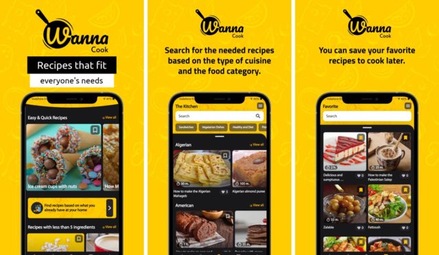 Sur iPhoneIslam.com, trois écrans de smartphone affichent l'application « Wanna Cook », affichant des fonctionnalités telles que la navigation dans les recettes par catégorie, la recherche par type de cuisine et l'enregistrement des recettes préférées, ce qui en fait l'une des applications utiles sur iOS.