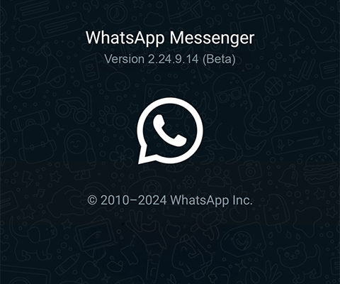 iPhoneIslam.com より、暗い模様の背景に WhatsApp Messenger バージョン 2.24.9.14 (ベータ版) と近くの人およびアプリのロゴが表示された画面、著作権 2010–