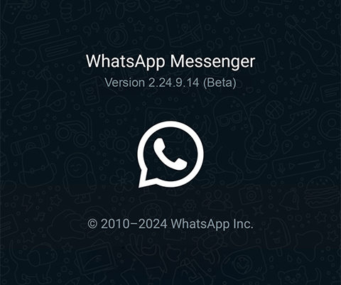 iPhoneIslam.com より、暗い模様の背景に WhatsApp Messenger バージョン 2.24.9.14 (ベータ版) と近くの人およびアプリのロゴが表示された画面、著作権 2010–
