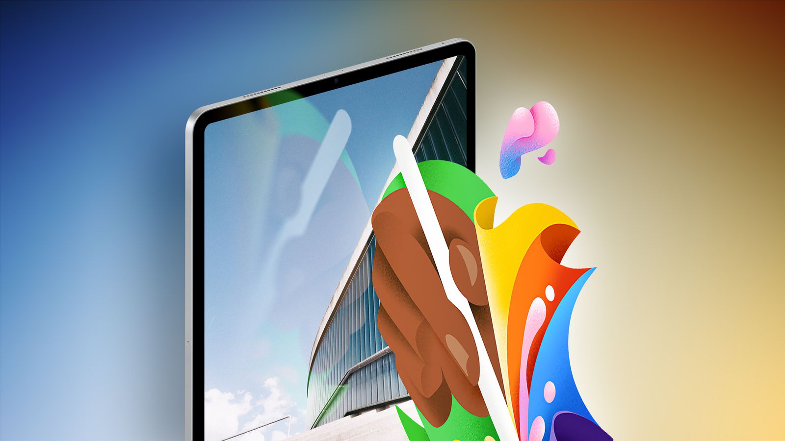 Da iPhoneIslam.com, un tablet digitale mostra vibranti opere d'arte astratta utilizzando uno stilo, sullo sfondo sfocato di un edificio moderno sotto un cielo limpido il 1 maggio.