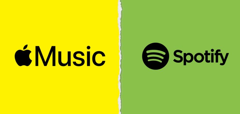 من iPhoneIslam.com، تظهر الصورة المنقسمة شعار Apple Music على خلفية صفراء على اليسار وشعار Spotify على خلفية خضراء على اليمين، مما يسلط الضوء على التنافس بينهما وسط مداولات الاتحاد الأوروبي الأخيرة.