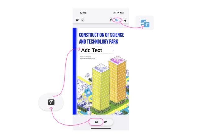 من iPhoneIslam.com، تعرض شاشة الهاتف الذكي مشروع إنشاء حديقة للعلوم والتكنولوجيا، وتتميز بواجهة برنامج UPDF مع أدوات التحرير مثل تنسيق المستند المفتوح والنص، مع تمييزها بالأيقونات والأسهم.