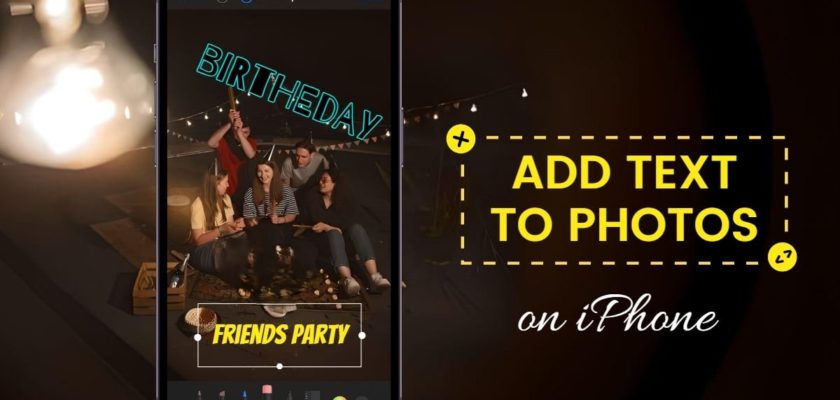 من iPhoneIslam.com، شاشة هاتف ذكي تعرض تطبيقًا لتحرير الصور مع إضافة النص "BIRTHDAY" و"FRIENDS PARTY" على صورة الأصدقاء. تعرض الخلفية غرفة مظلمة بها مصباح وأضواء سلسلة، مما يسلط الضوء بشكل مثالي على المشهد البهيج على الآي-فون.
