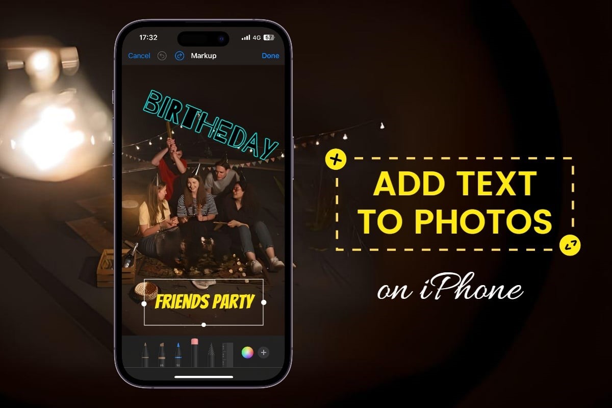 من iPhoneIslam.com، شاشة هاتف ذكي تعرض تطبيقًا لتحرير الصور مع إضافة النص "BIRTHDAY" و"FRIENDS PARTY" على صورة الأصدقاء. تعرض الخلفية غرفة مظلمة بها مصباح وأضواء سلسلة، مما يسلط الضوء بشكل مثالي على المشهد البهيج على الآي-فون.