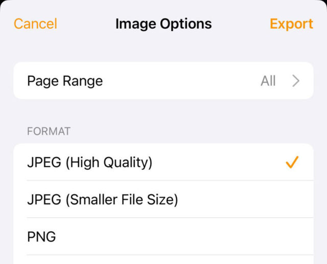 من iPhoneIslam.com، لقطة شاشة لخيارات تصدير الصور على جهاز محمول. يوجد تحديد "نطاق الصفحات" وخيارات التنسيق بما في ذلك "JPEG (جودة عالية)" و"JPEG (حجم ملف أصغر)" و"PNG". مثالي عندما تحتاج إلى إرسال صورة من الآي-فون الخاص بك.