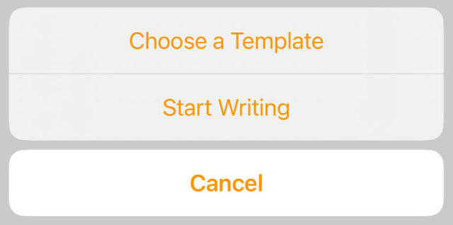 من iPhoneIslam.com، شاشة تعرض ثلاثة خيارات: "اختيار قالب" و"بدء الكتابة" و"إلغاء" على جهاز الآيفون الخاص بك.