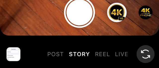 من iPhoneIslam.com، شاشة هاتف ذكي تعرض خيارات إنشاء "قصة" بجودة فيديو 4K. تعرض شاشة الآي-فون الأزرار التي تحمل أسماء "Post" و"Story" و"Reel" و"Live"، بالإضافة إلى رمز الكاميرا ورمز التحديث، وهي جاهزة لالتقاط لحظاتك النصية أو الصورية.