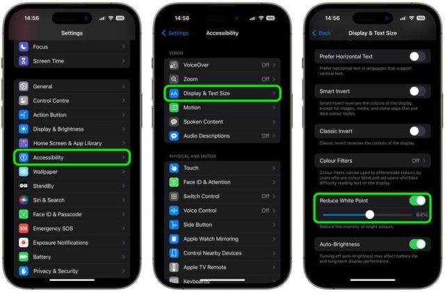 من iPhoneIslam.com، ثلاث شاشات iPhone تعرض الخطوات: الإعدادات > إمكانية الوصول > العرض وحجم النص > تقليل النقطة البيضاء، مع تحديد خيار التبديل وشريط التمرير باللون الأخضر، وضبطه على 64%. هذه الطريقة الجديدة عند النوم لشاشة الآي-فون أقل سطوعًا.
