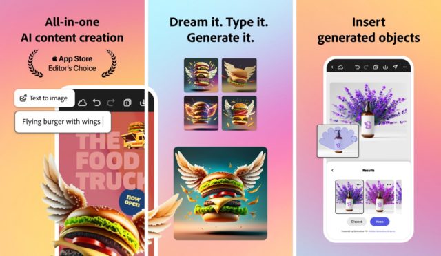 iPhoneIslam.com より、空飛ぶハンバーガーや花などの挿入オブジェクトの例を使用して、ChatGPT の AI コンテンツ作成機能を紹介するプロモーション画像。