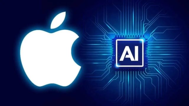 من iPhoneIslam.com، شعار Apple بجوار شريحة كمبيوتر تحمل اسم "AI"، متصلة بواسطة آثار دوائر على خلفية زرقاء، تعرض ميزات ذكاء اصطناعي لنظام iOS 18.