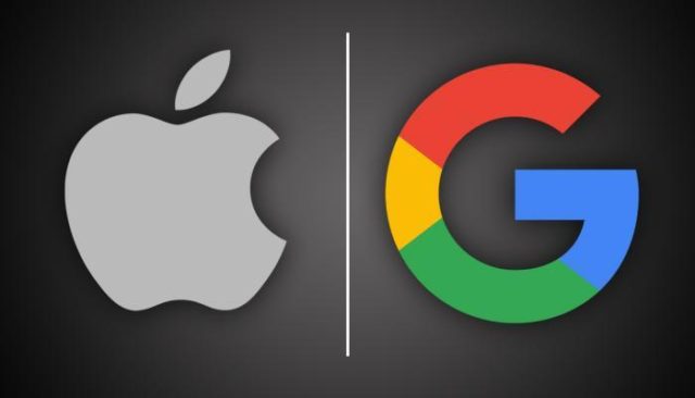 iPhoneIslam.com에서 어두운 회색 iPadOS 배경에 수직선으로 구분된 왼쪽의 Apple 로고와 오른쪽의 Google 로고.