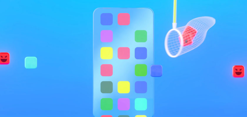 من iPhoneIslam.com، يتم عرض هاتف ذكي شفاف مزود بأيقونات تطبيقات ملونة على خلفية زرقاء. تلتقط شبكة مربعًا أحمر من الشاشة بوجه غاضب، مما يسلط الضوء على المخاوف بشأن المعاملات الاحتيالية في متجر تطبيقات أبل.