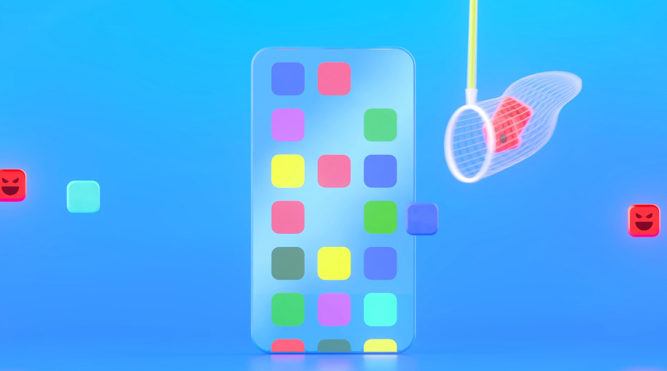 من iPhoneIslam.com، يتم عرض هاتف ذكي شفاف مزود بأيقونات تطبيقات ملونة على خلفية زرقاء. تلتقط شبكة مربعًا أحمر من الشاشة بوجه غاضب، مما يسلط الضوء على المخاوف بشأن المعاملات الاحتيالية في متجر تطبيقات أبل.